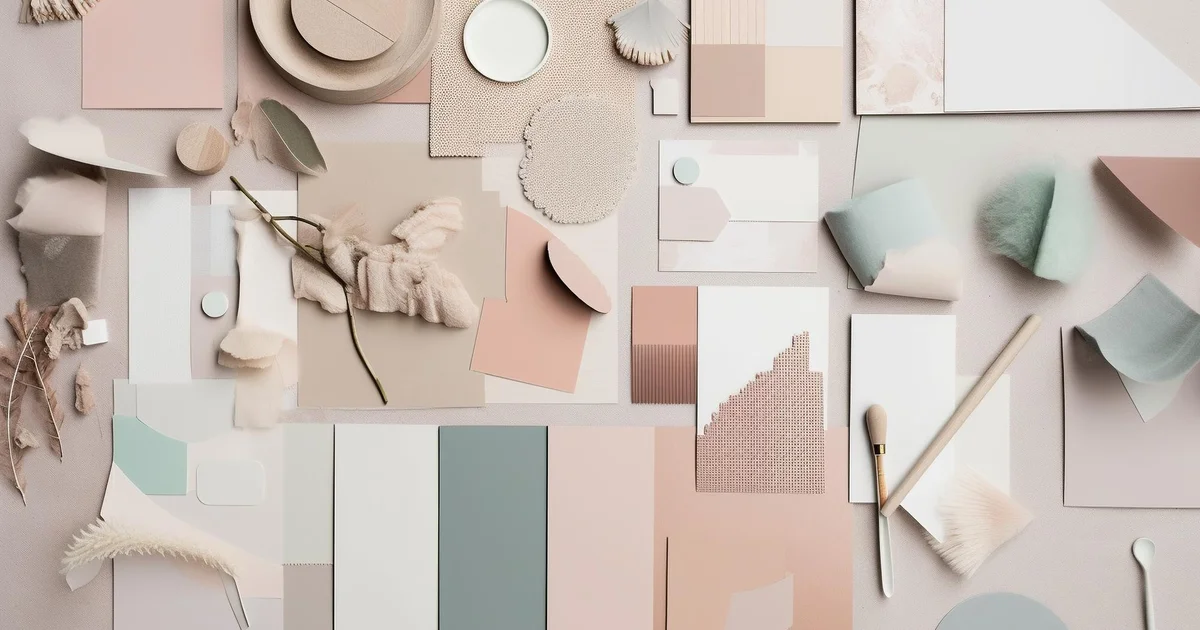 Moodboard de création graphique avec échantillons de couleurs et matières